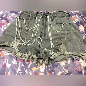 Grey denim stretchy pearl and chains shorts